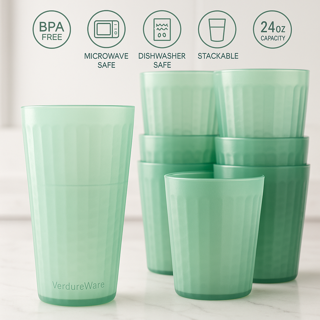 VerdureWare 24 oz Hammered Plastic Tumblers – Set of 8 Green Reusable Cups | BPA-Free, Shatterproof, Dishwasher & Microwave Safe