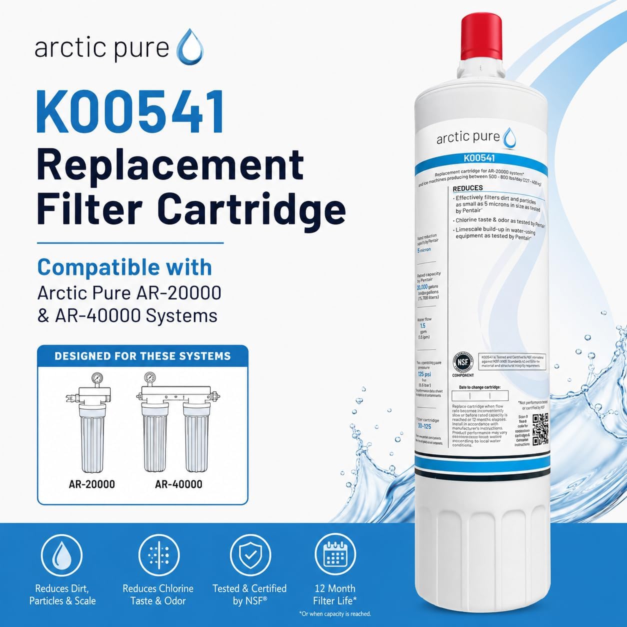 Water Filter Compatible with Manitowoc K00541(K-00339), Fits AR-20000 & AR-40000, 0.5 Micron Ice Machine Cartridge, 20,000 Gallons, Reduces Scale, Sediment, Taste & Odor, NSF Certified