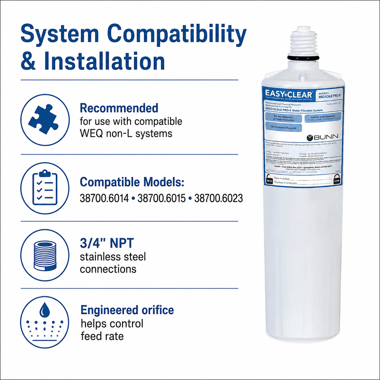 WEQ-SCALE-PRO.X Water Filter Cartridge 56000.0120 – 10 GPM Lime Scale Inhibitor for Coffee Brewers, Ice Machines and Steamers – Compatible with Bunn WEQ Systems