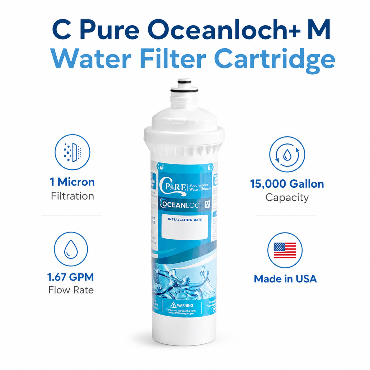 C Pure Oceanloch+ M Water Filter Cartridge  – 1 Micron, 1.67 GPM – Compatible with Everpure H-300+M, H-300, H-200 – Made in USA – Blue Stream Filters