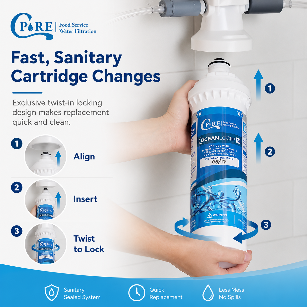 C Pure Oceanloch+ M Water Filter Cartridge  – 1 Micron, 1.67 GPM – Compatible with Everpure H-300+M, H-300, H-200 – Made in USA – Blue Stream Filters