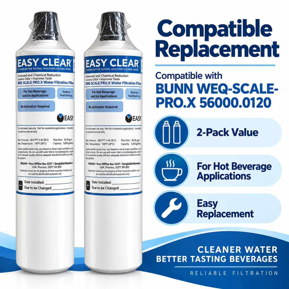 2 Pack Water Filter Cartridges Compatible with BUNN WEQ-SCALE-PRO.X 56000.0120