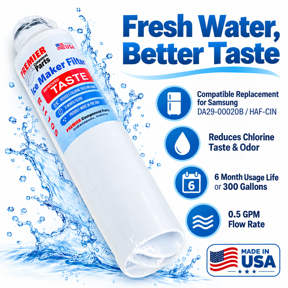 Premier Component Parts RIF105 Refrigerator Water Filter – Compatible with Samsung DA29-00020B / HAF-CIN
