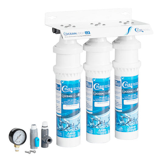 C Pure Oceanloch+ L3 Triple Water Filtration System with Outlet Pressure Gauge – Includes Oceanloch+ L3 Cartridges – 1 Micron Rating, 5 GPM Flow, 54,000 Gallon Capacity – Made in USA